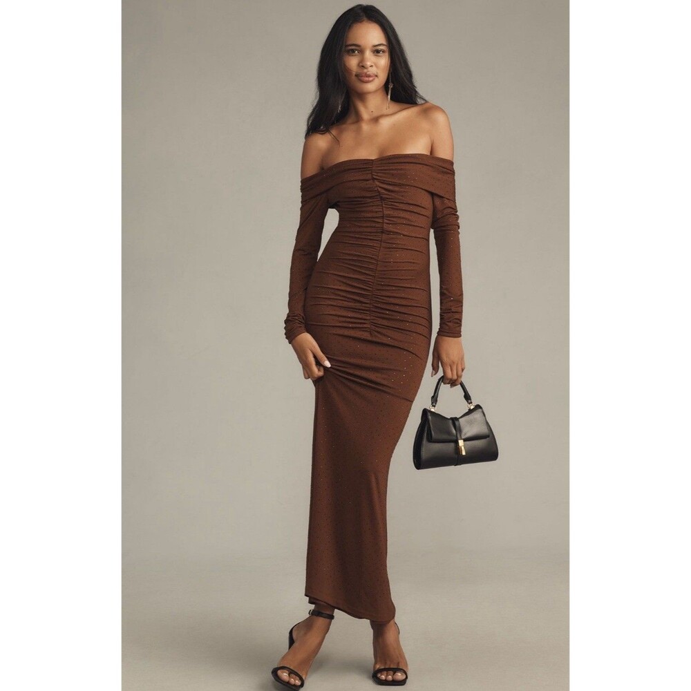 Anthropologie Bardot Maxi Dress Brown Artura Diamante Preppy Retro Size 10 NWT